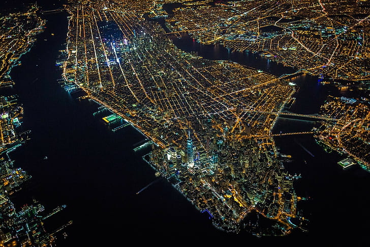 city, aerial view, New York City, Manhattan, city lights