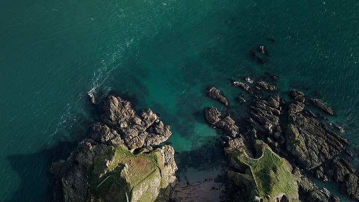 aerial photo of sea and stone, nature, rocks, bird's eye view, HD wallpaper