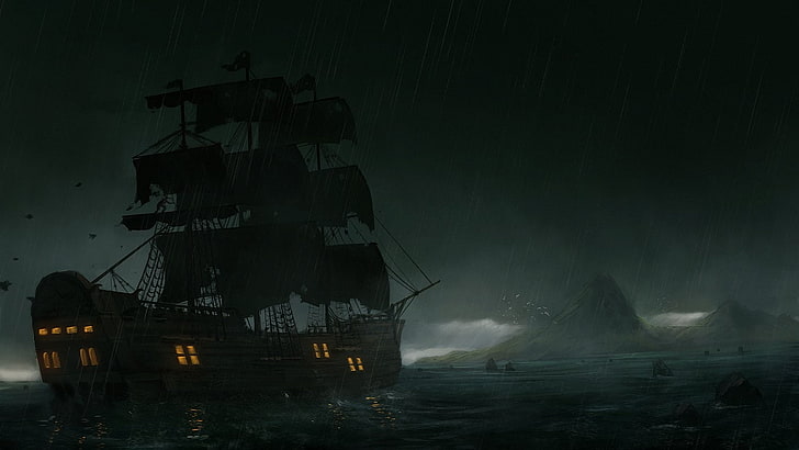 ship, old ship, island, rocks, birds, storm, water, sea, rain, HD wallpaper