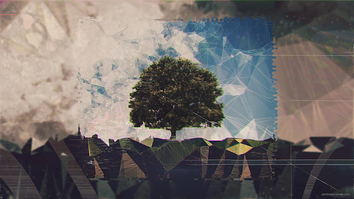 green leafed tree illustration, glitch art, noise, abstract, landscape, HD wallpaper
