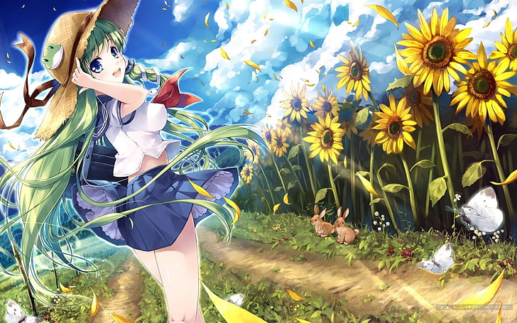 anime, anime girls, Touhou, Kochiya Sanae, sunflowers, plant