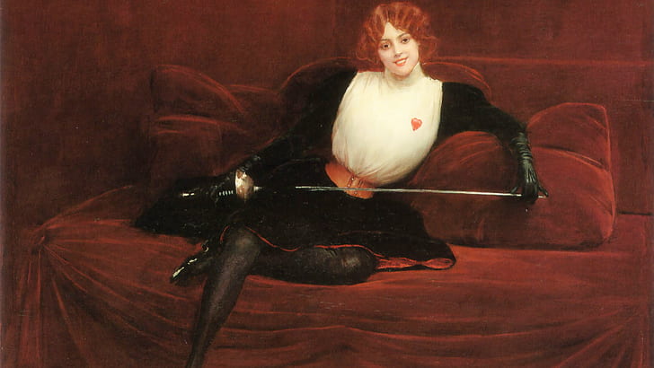 artwork, interior, Jean Beraud, painting, redhead, sword, women