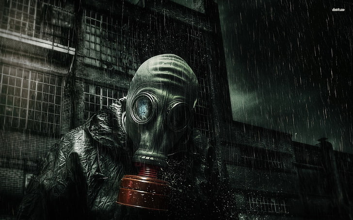 game application screengrab, gas masks, apocalyptic, artwork