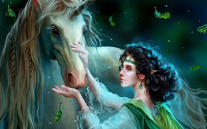 Fantasy girl and the Unicorn, HD wallpaper