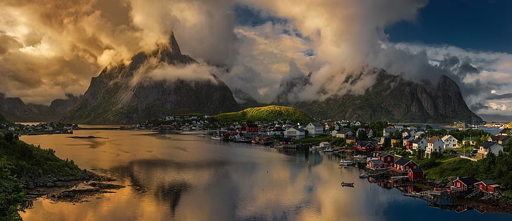 body of water, nature, landscape, Norway, sunset, clouds, mountains