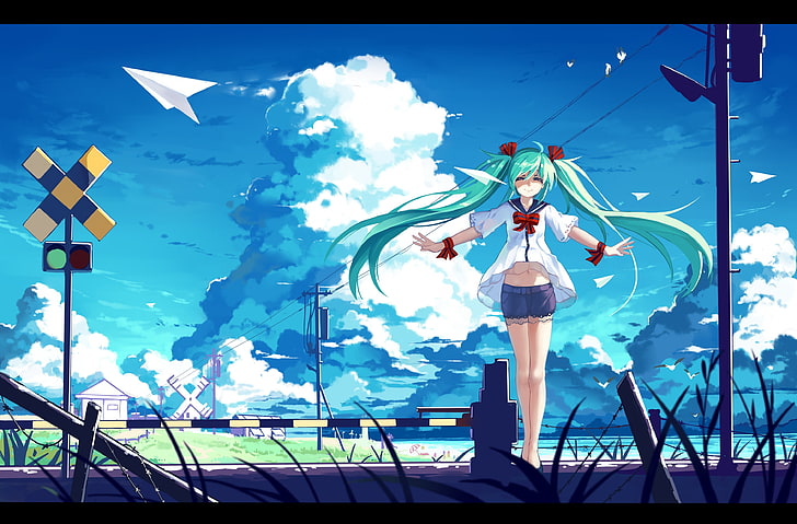 Vocaloid, Hatsune Miku, anime girls, twintails, clouds, paperplanes, HD wallpaper