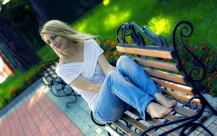 Blonde Girl on Bench, hot babes and girls, HD wallpaper
