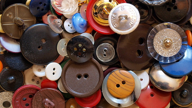 assorted-color button lot, buttons, set, different flowers, bright