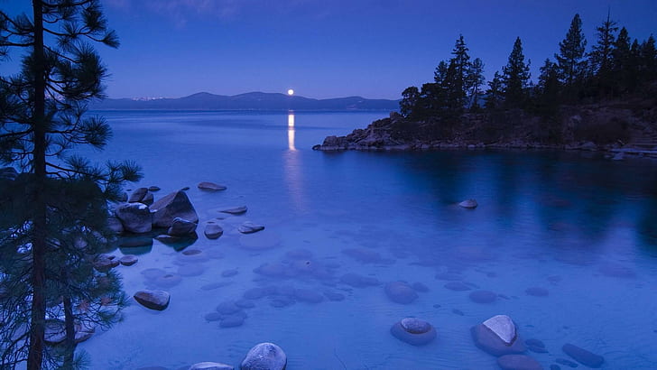 Secret Cove By Moonlight, Lake Tahoe California, mountain, rock, HD wallpaper