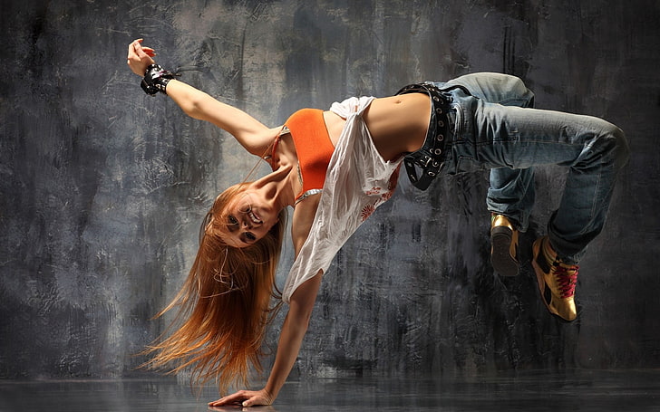 girl break dancing, women, blonde, belly, jeans, pants, shoes, HD wallpaper