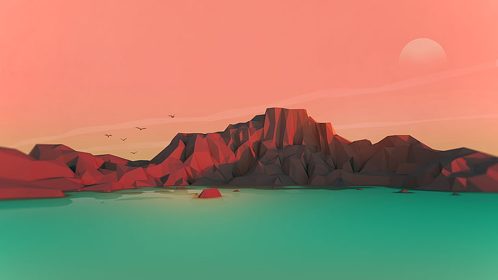 brown mountain illustration, sunset, digital art, mountains, low poly