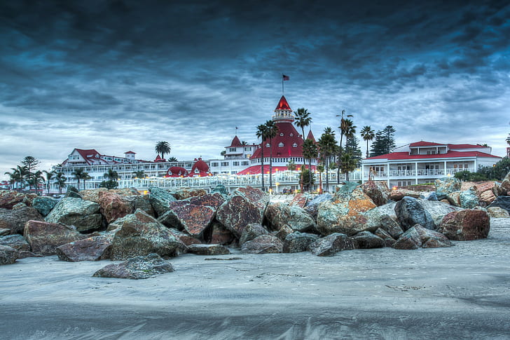 San Diego, Del Coronado, United States, Hotel, shore, sky, rocks, HD wallpaper