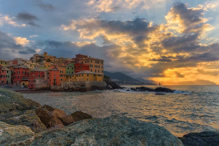 sea, sunset, coast, building, home, Italy, Italian Riviera, HD wallpaper