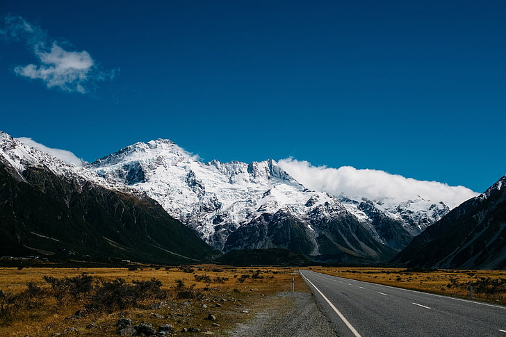 snowy mountains, road, clouds, blue, sky, rocks, nature, New Zealand, HD wallpaper