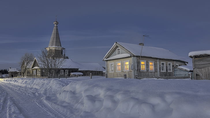 winter, snow, village, church, house, evening, ice, place of worship