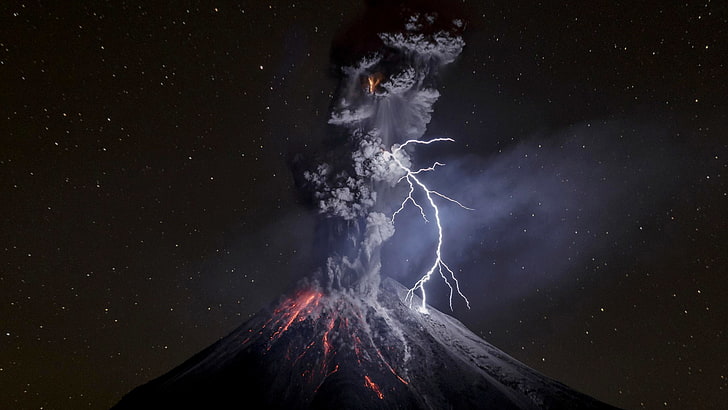 nature, lightning, volcanic eruption, HD wallpaper