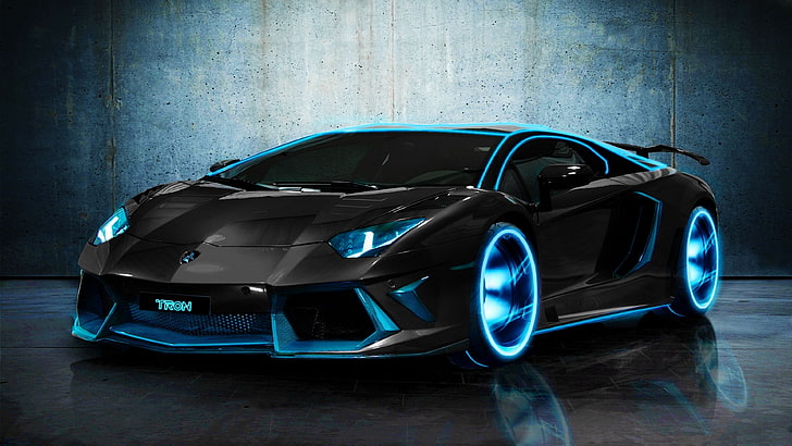 black Lamborghini Aventador coupe, Tron: Legacy, car, vehicle, HD wallpaper