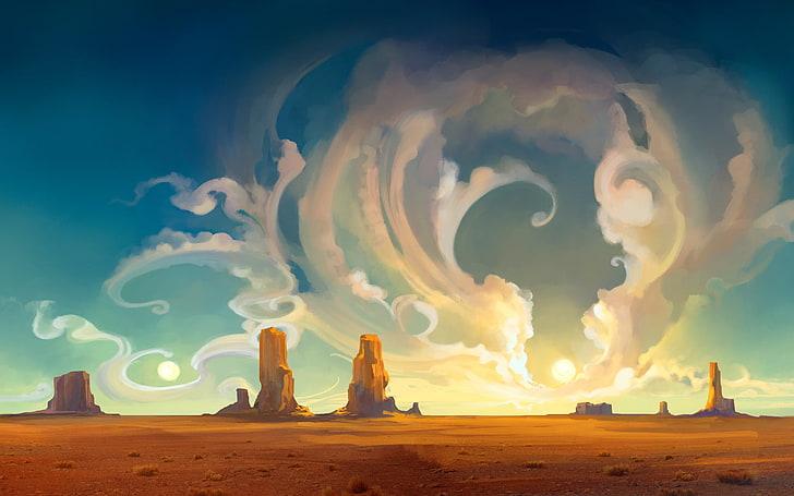 desert illustration, brown desert painting, artwork, clouds, Sun, HD wallpaper
