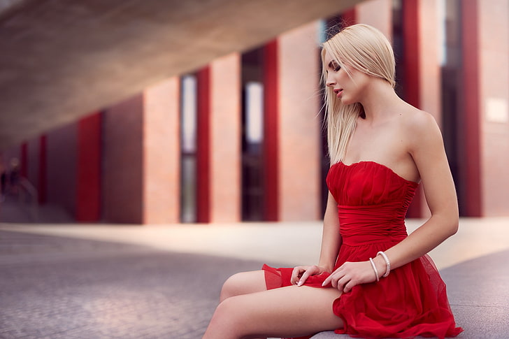 women, portrait, blonde, sitting, red dress, bare shoulders