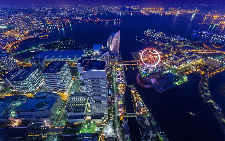 aerial photo of city, cityscape, ferris wheel, Japan, aerial view, HD wallpaper