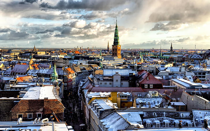 Copenhagen, city, houses, snow, clouds