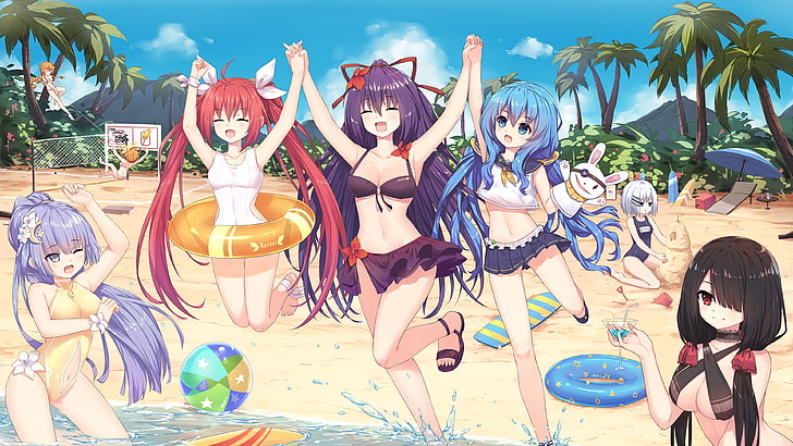 group of girl anime characters on seashore wallpaper, anime girls