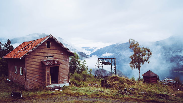 red wooden house, abandoned, hut, lift, Aerial tramway, old, landscape, HD wallpaper