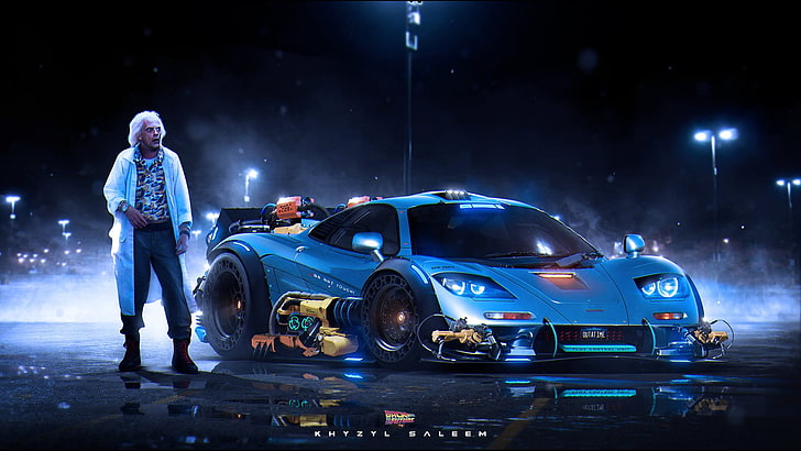 blue sports coupe, Back to the Future, Dr. Emmett Brown, artwork, HD wallpaper