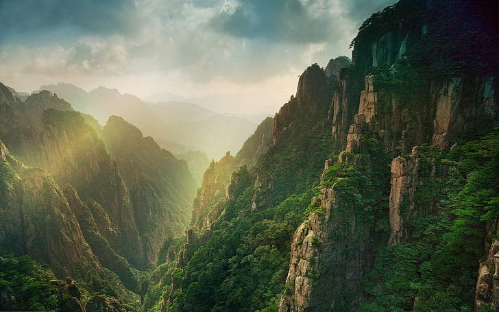landmark mountains, nature, landscape, mist, forest, sun rays, HD wallpaper