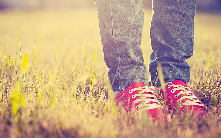 pair of white-and-red low-top sneakers, feet, grass, light, shoes, HD wallpaper