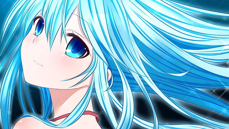 anime, anime girls, blue hair, long hair, blue eyes, smiling, HD wallpaper