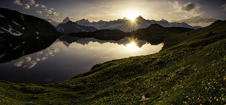 sunset, mountains, lake, Switzerland, Alps, panorama, pass, HD wallpaper
