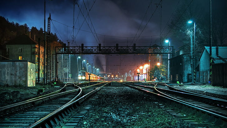 railway, vehicle, night, train, HD wallpaper