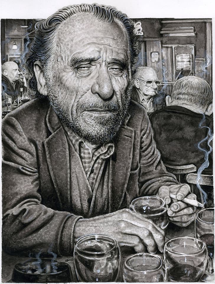 men, writers, face, Charles Bukowski, drawing, monochrome, beard