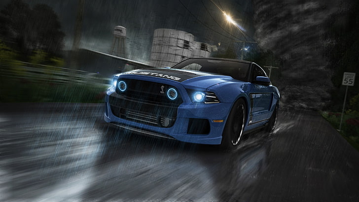 blue Ford Mustang Shelby coupe, 3D, vehicle, blue cars, night, HD wallpaper