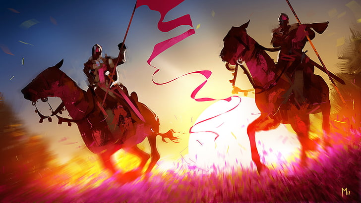 artwork, Sun, knight, banner, horse, horse riding, Dominik Mayer, HD wallpaper