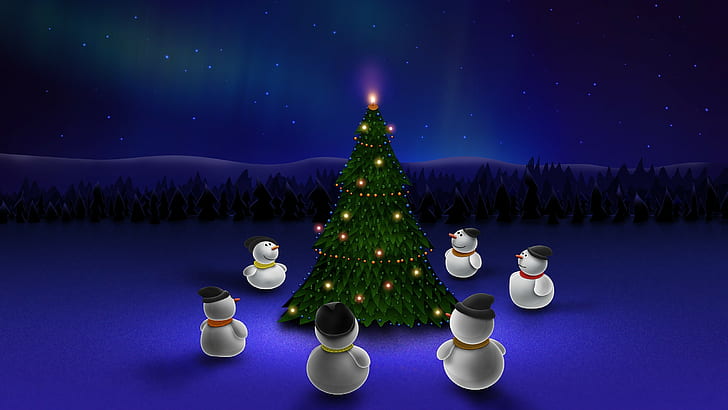 Christmas, snowmen, Christmas Tree, trees, stars, christmas lights, HD wallpaper
