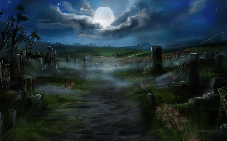 night, Moon, clouds, cemetery, artwork, digital art