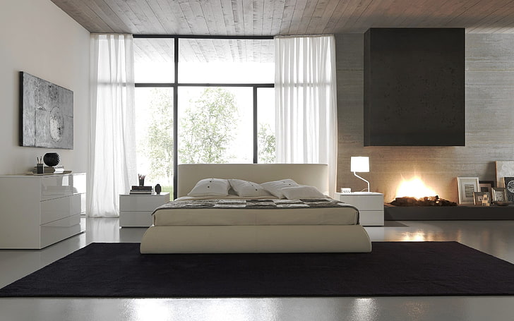 gray and beige bed sheet set, room, design, interior, comfort