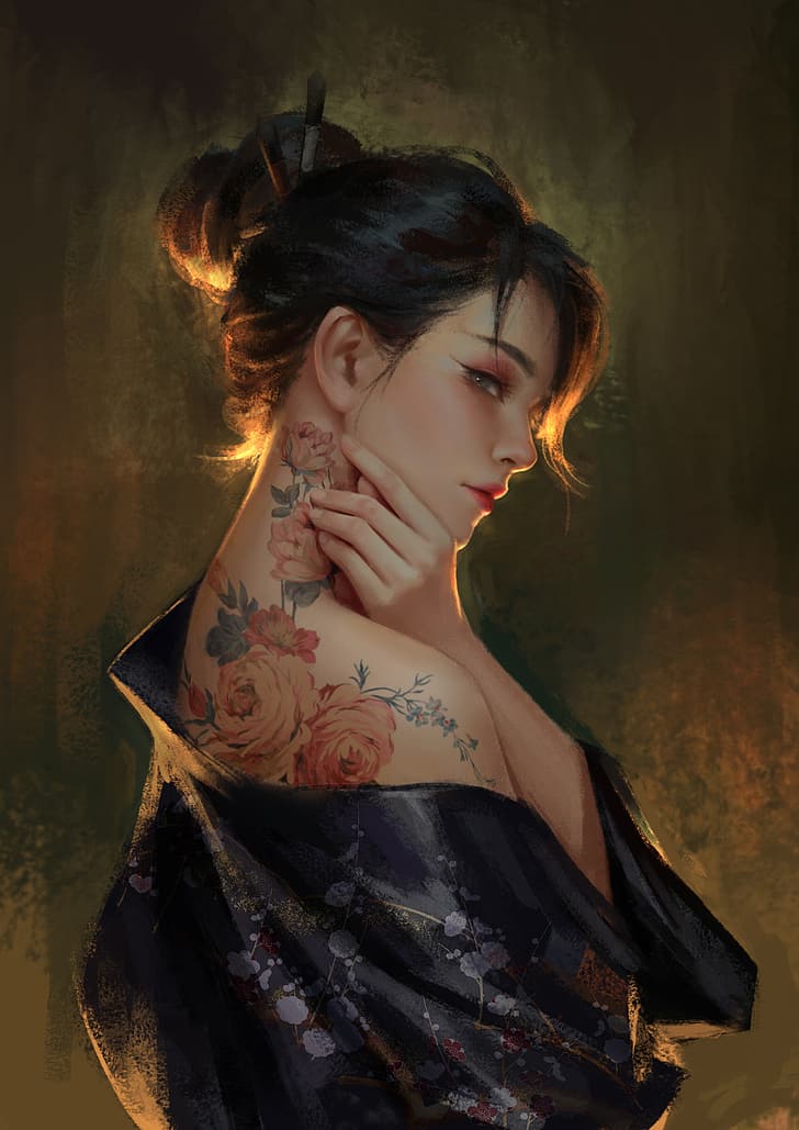 women, eastern, tattoo, hairbun, flowers, kimono