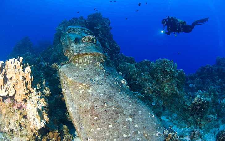 diver, easter, island, ocean, sports, statue, underwater