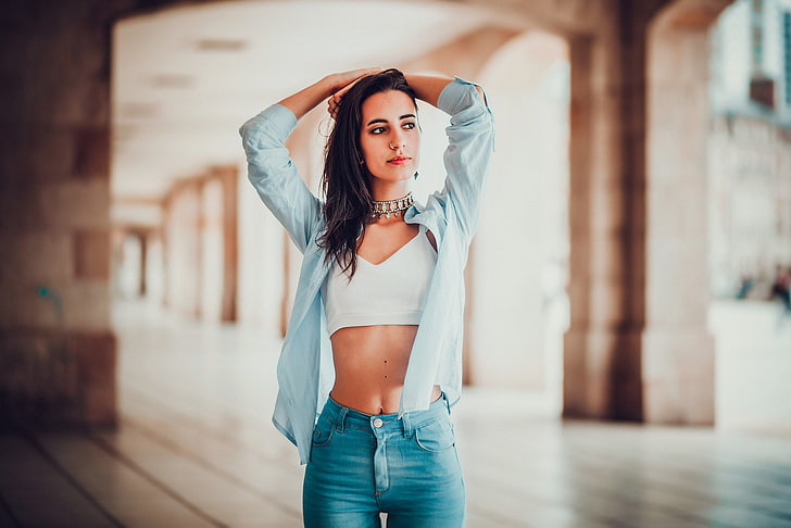 women, jeans, the gap, shirt, brunette, belly, nose rings, looking away