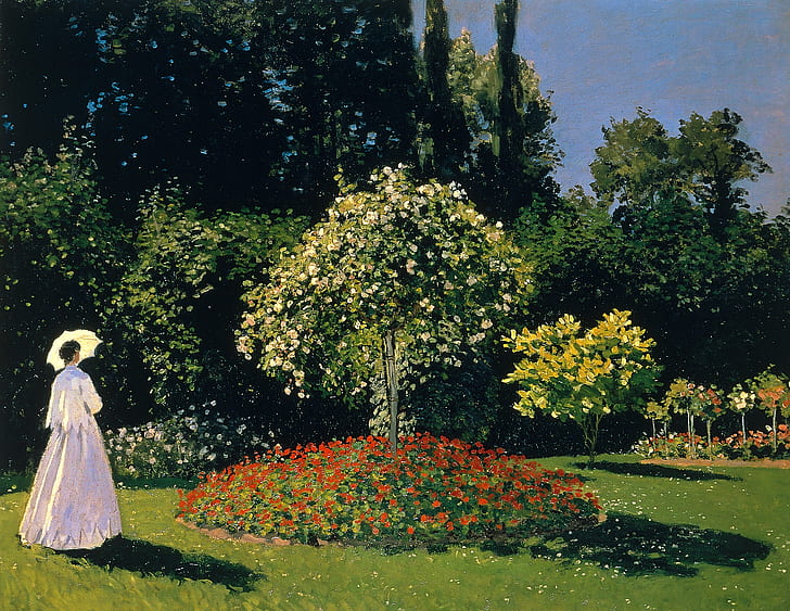 trees, landscape, picture, umbrella, flowerbed, Claude Monet