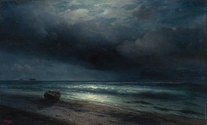 wave, light, clouds, shore, boat, horizon, Aivazovsky, moonlit night at sea