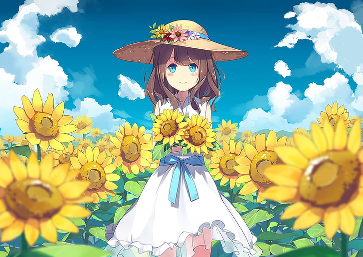 anime girl, sunflowers, field, land, summer, strawhat, light dress, HD wallpaper