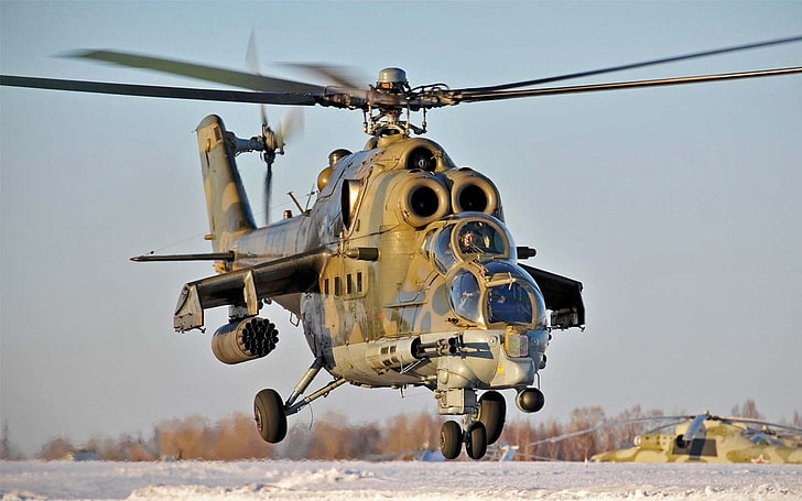 brown and black apache helicopter, mi-24, soviet, russia, transport