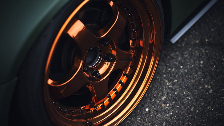 orange 5-spoke vehicle wheel, wheels, car, Work Wheels, close-up