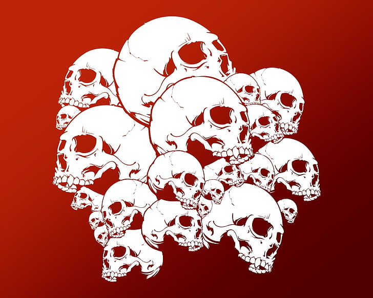 white and red skulls illustration, digital art, red background, HD wallpaper