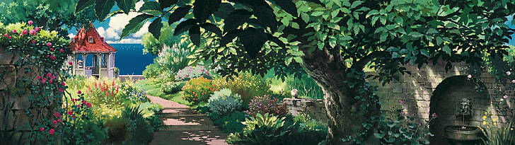 Studio Ghibli, path, gazebo, Porco Rosso, multiple display