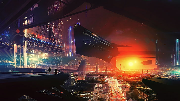 black and red car, artwork, futuristic city, science fiction